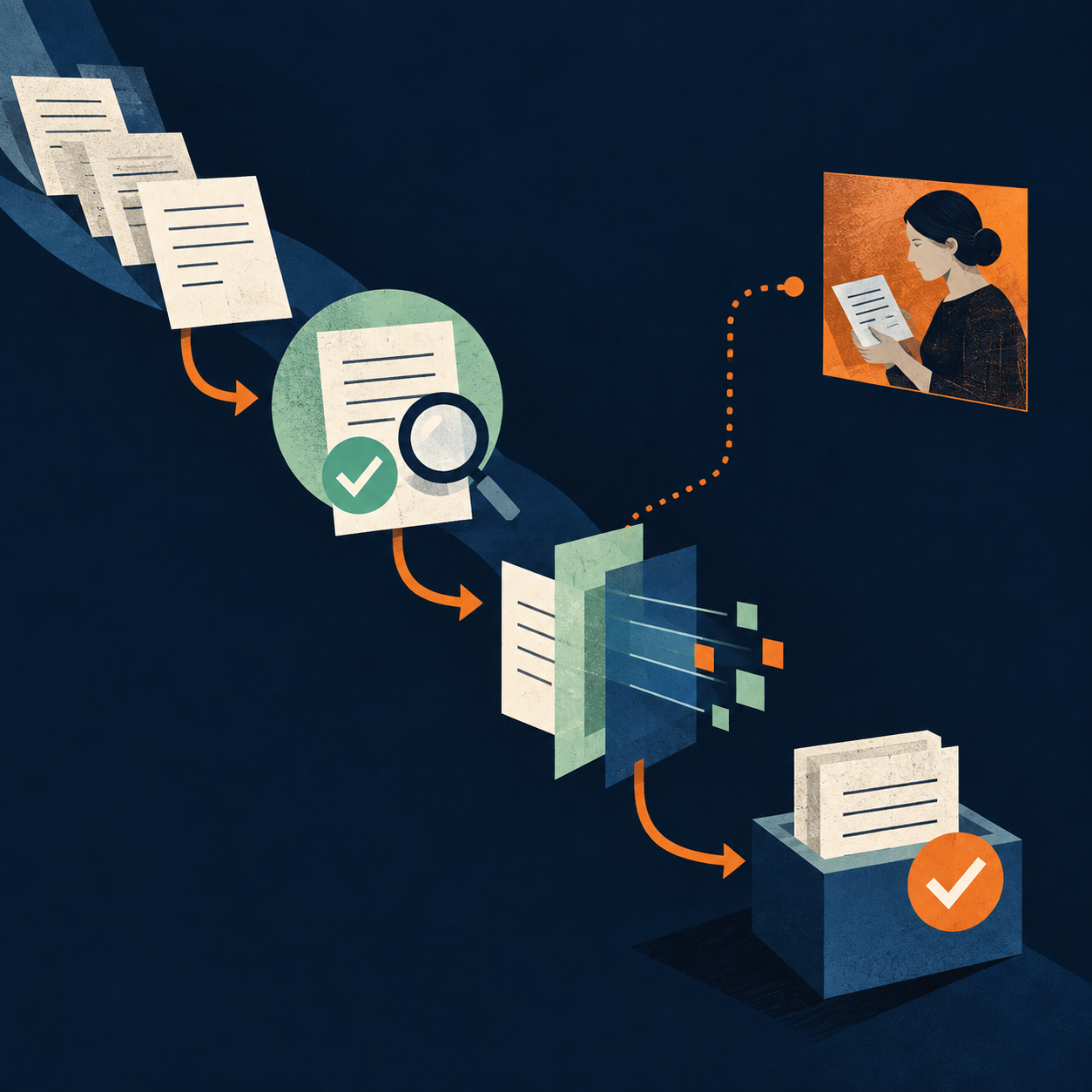 Editoriale Illustration eines automatisierten, durchgängig geprüften Geschäftsprozesses