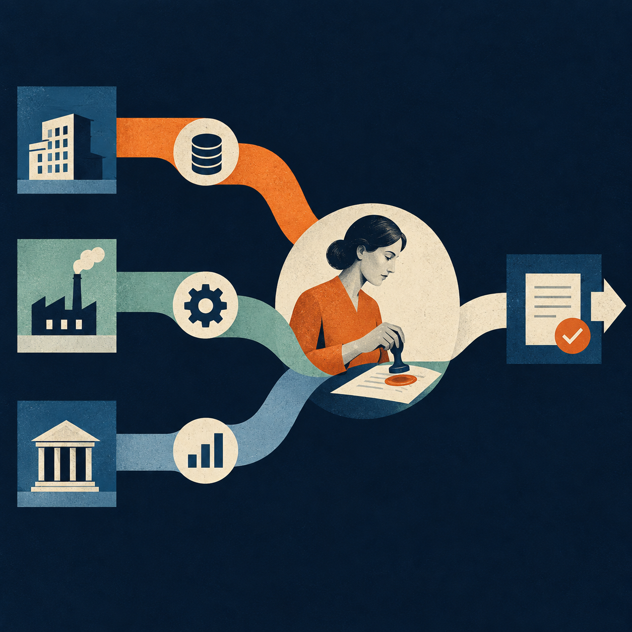 Editoriale Illustration koordinierter Systeme mit einer menschlichen Freigabe