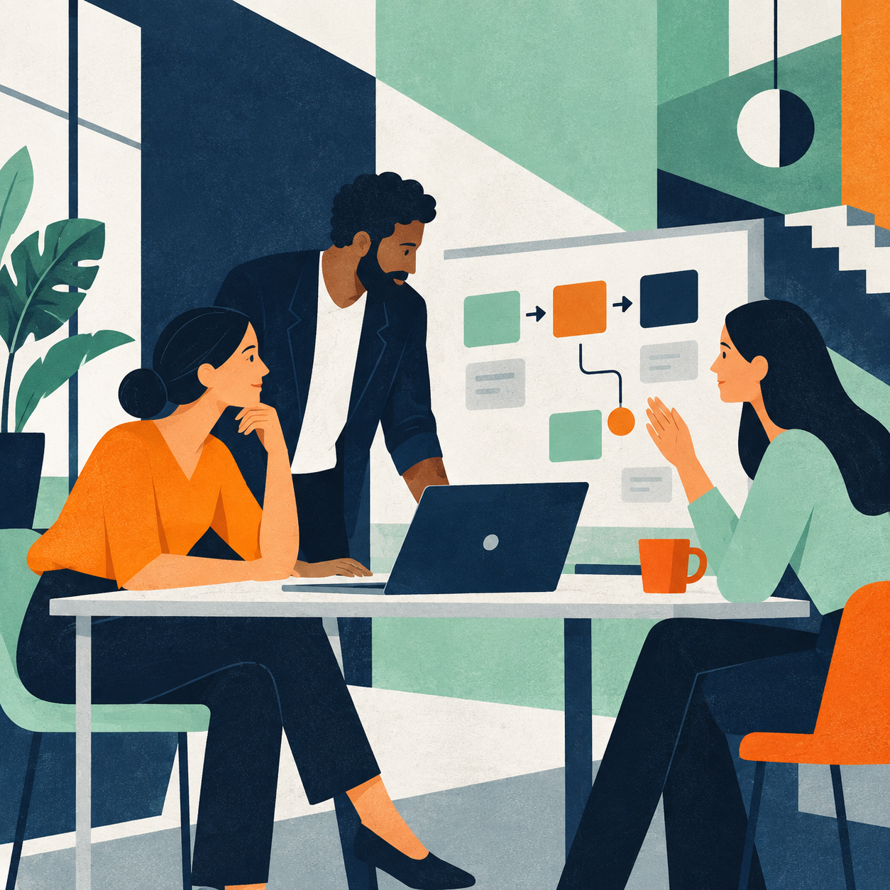 Illustration eines Teams bei der gemeinsamen Arbeit an einem Geschäftsprozess