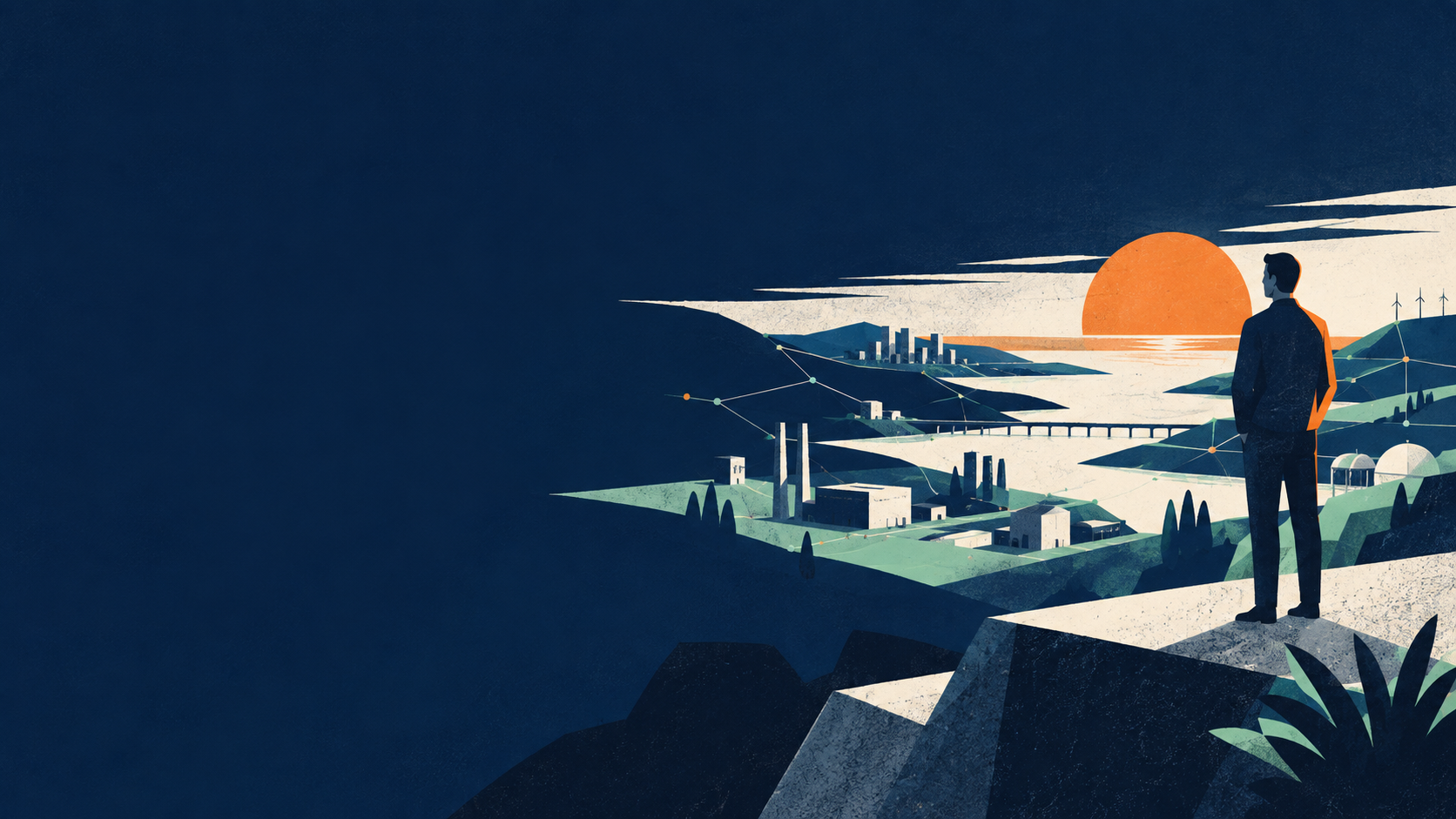 Illustration eines Menschen mit Weitblick über eine vernetzte Unternehmenslandschaft